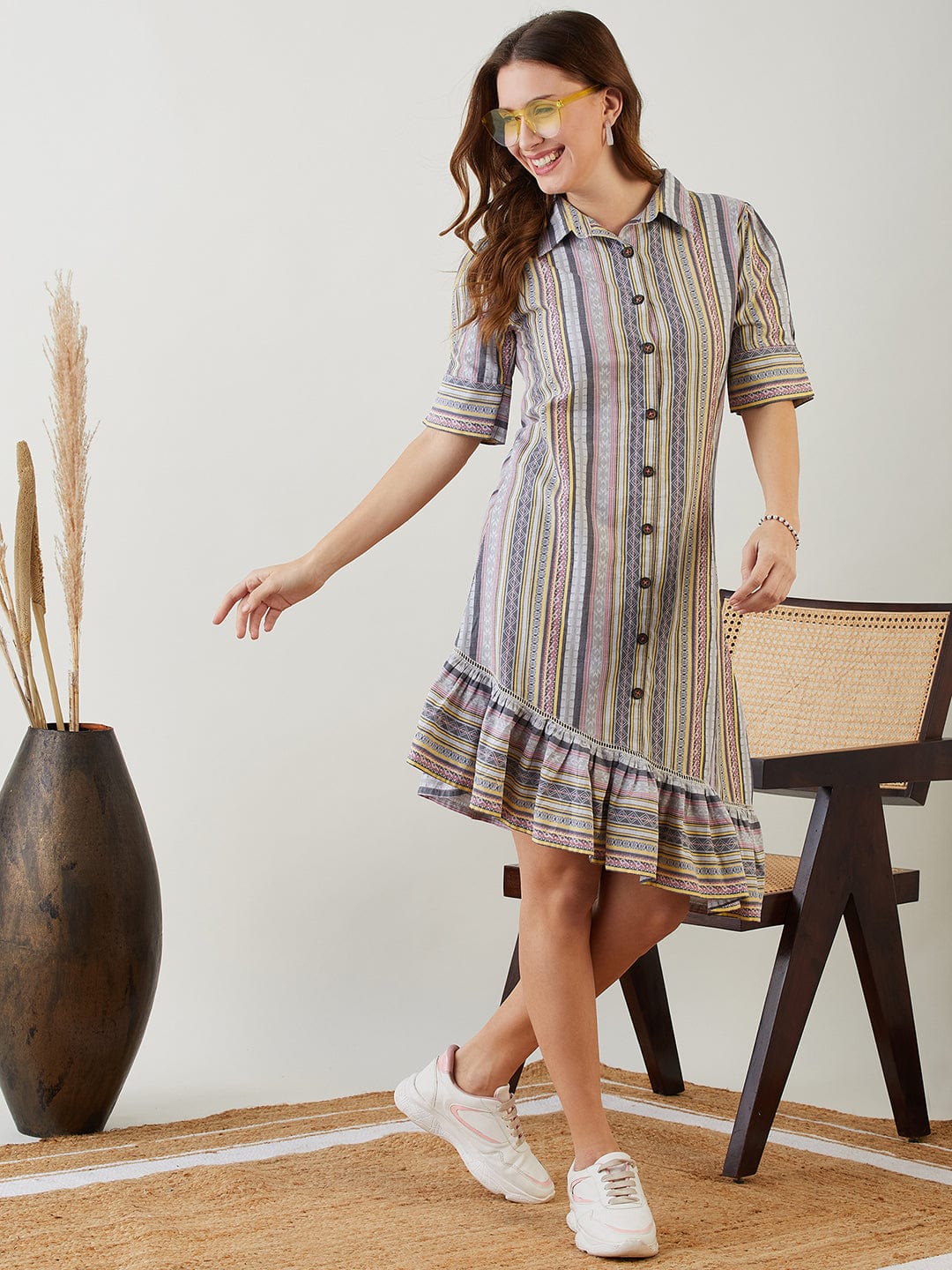 The Kaftan Company Dresses Grey Jacquard Button Down Cotton Dress