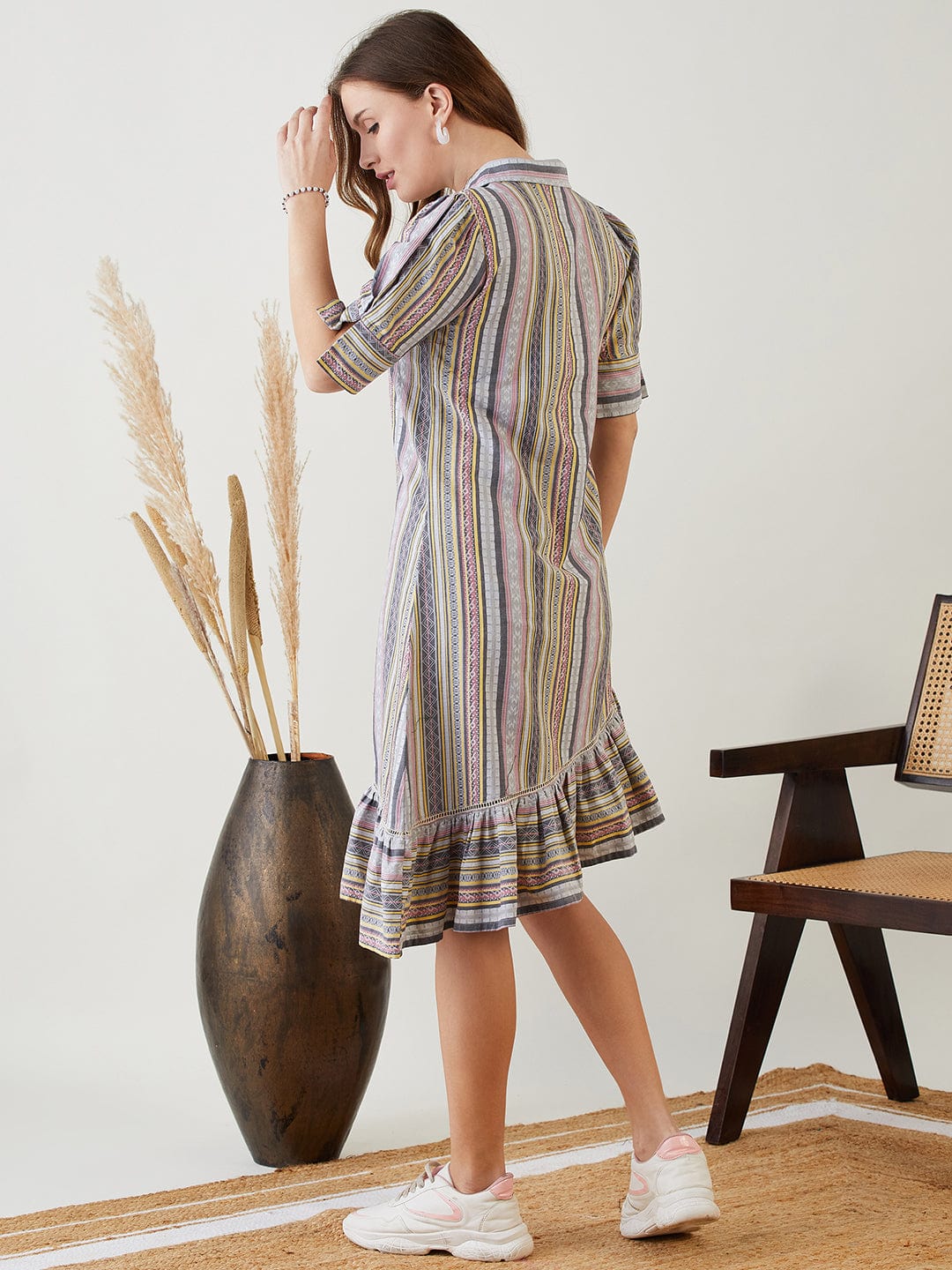 Grey Jacquard Button Down Cotton Dress S - Main Image