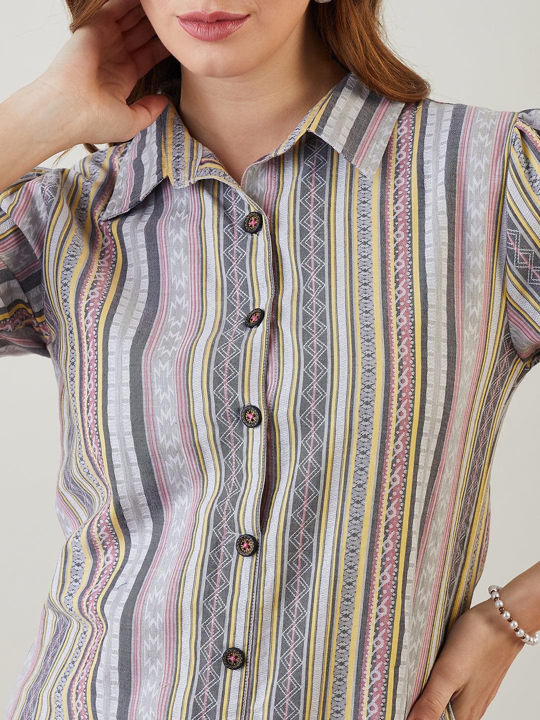 The Kaftan Company Dresses Grey Jacquard Button Down Cotton Dress