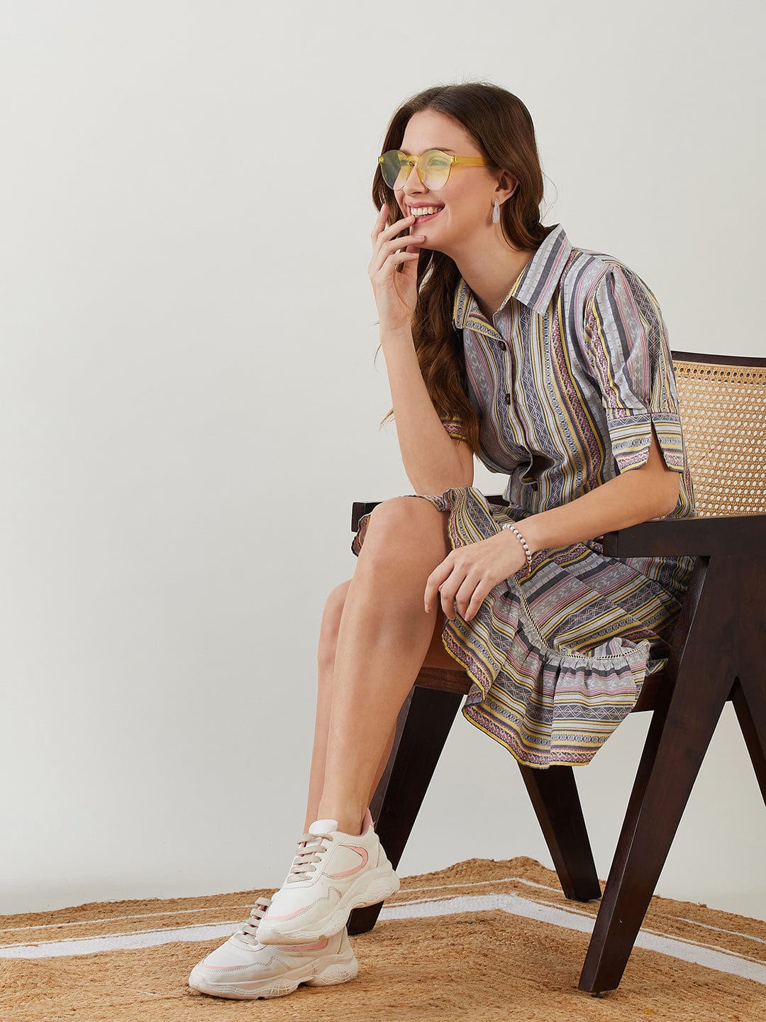 The Kaftan Company Dresses Grey Jacquard Button Down Cotton Dress