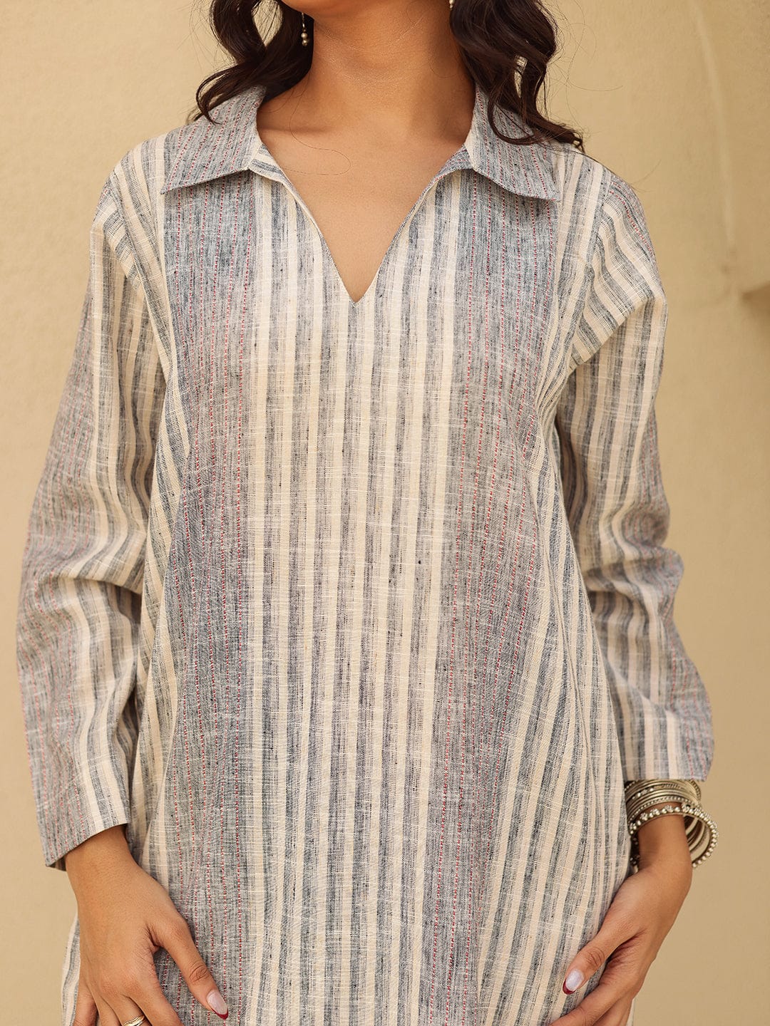 The Kaftan Company Dresses Grey Stripes Printed Cotton Dress