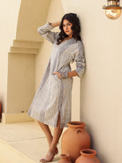 The Kaftan Company Dresses Grey Stripes Printed Cotton Dress