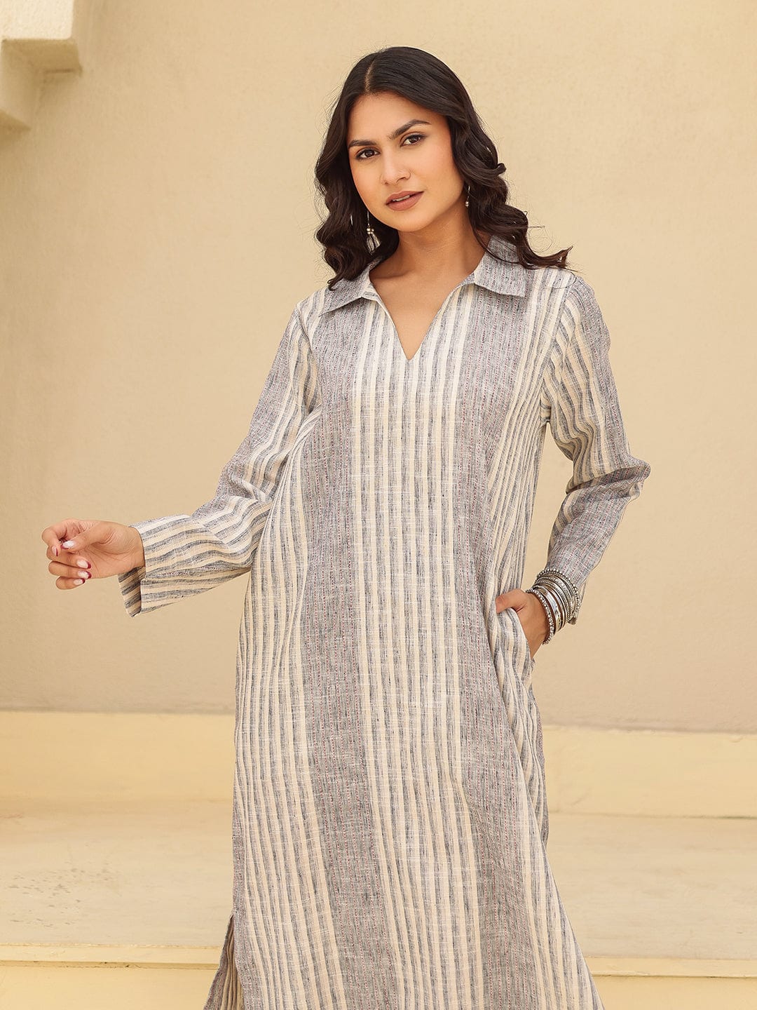 The Kaftan Company Dresses Grey Stripes Printed Cotton Dress