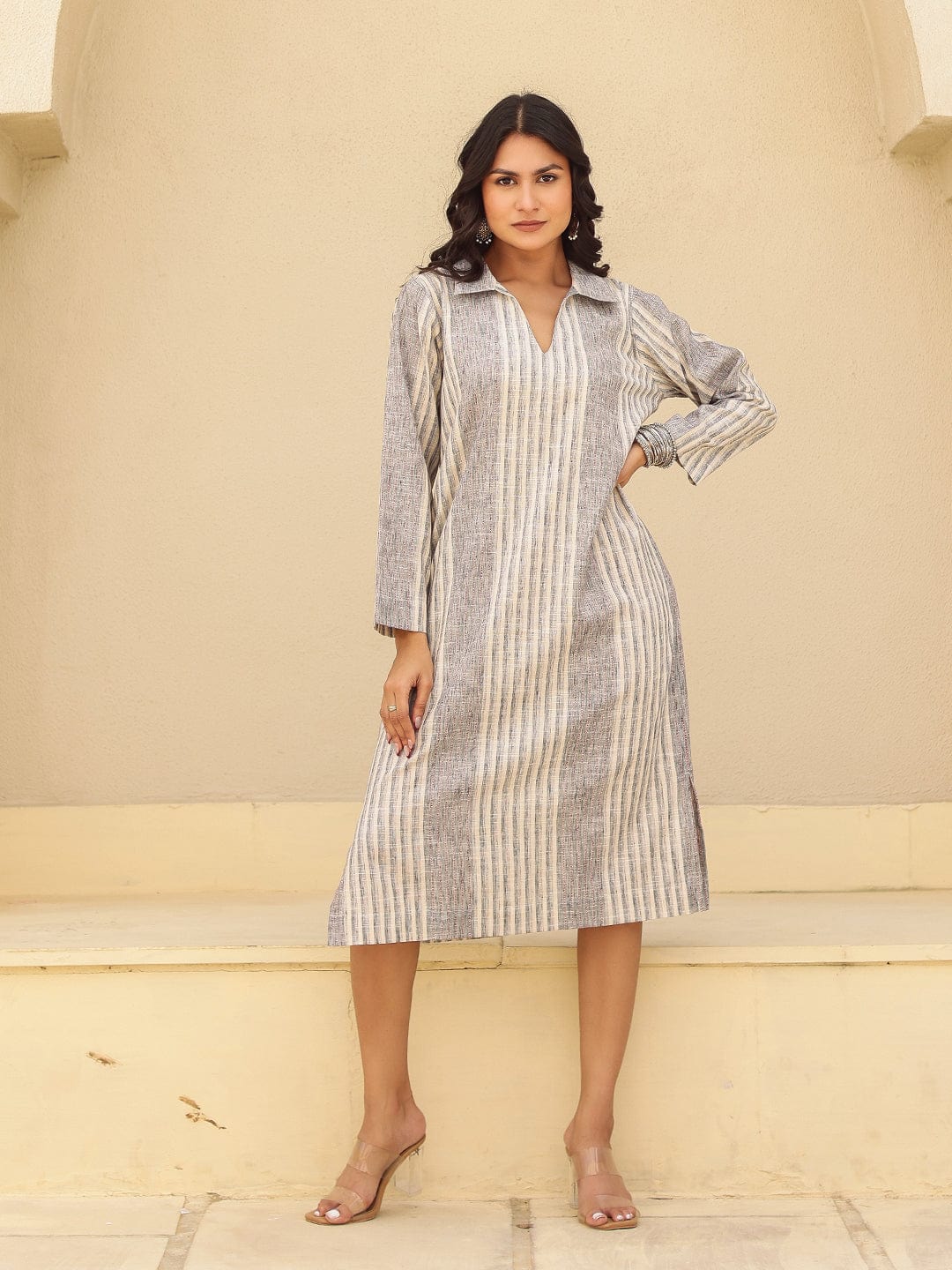 Grey Stripes Printed Cotton Dress XL