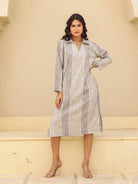 The Kaftan Company Dresses Grey Stripes Printed Cotton Dress
