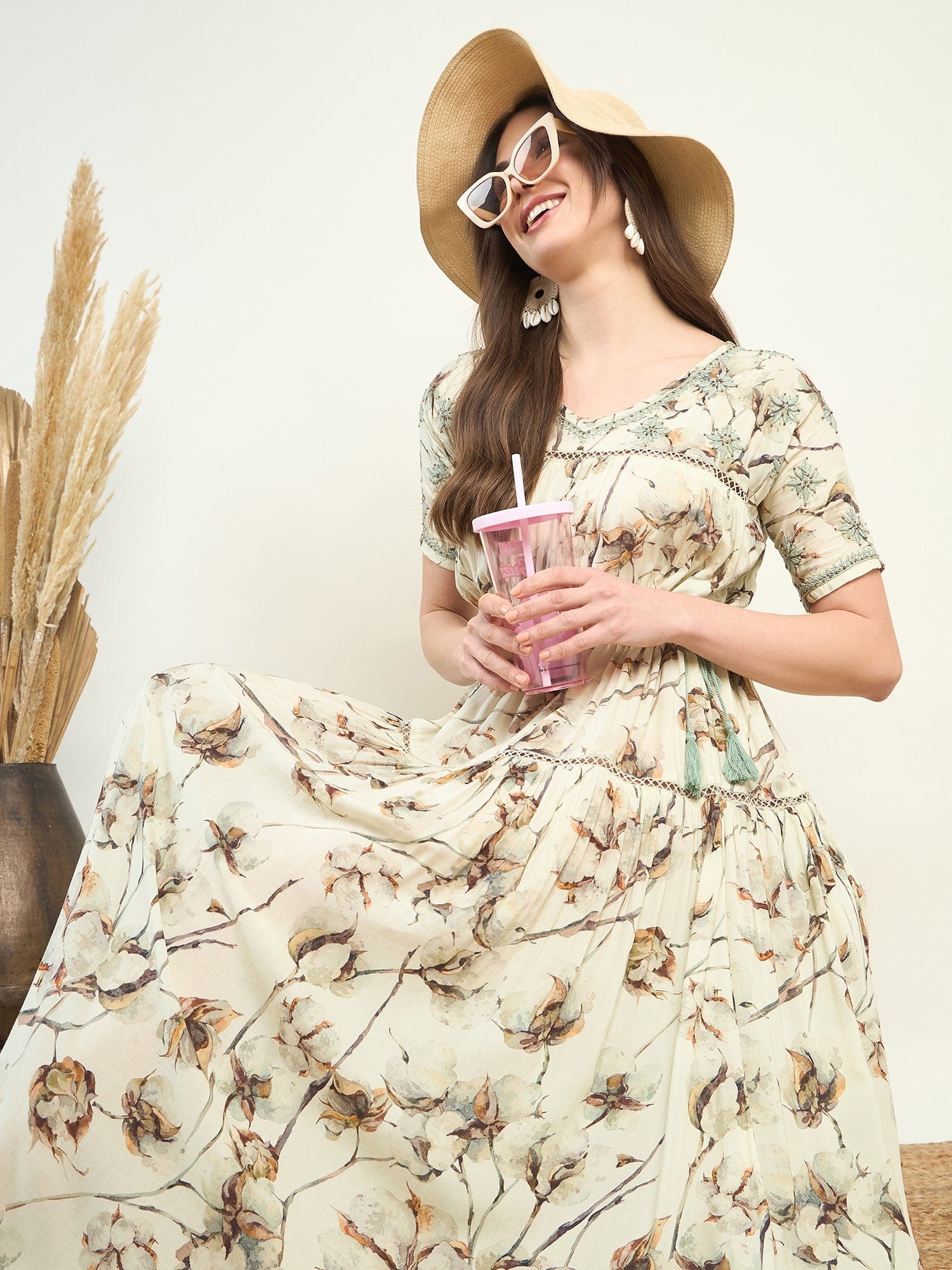 The Kaftan Company Dresses Hand Embroidered Flowy Floral Resort Dress