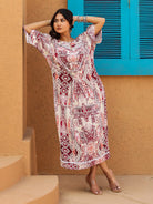 The Kaftan Company Dresses Maroon and Beige Geometric Printed Dress