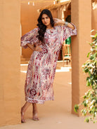 The Kaftan Company Dresses Maroon and Beige Geometric Printed Dress
