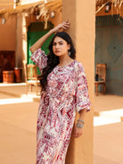 The Kaftan Company Dresses Maroon and Beige Geometric Printed Dress