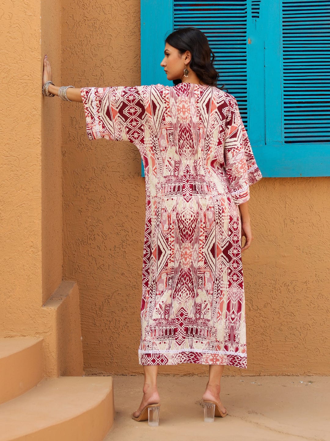 The Kaftan Company Dresses Maroon and Beige Geometric Printed Dress