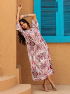 The Kaftan Company Dresses Maroon and Beige Geometric Printed Dress
