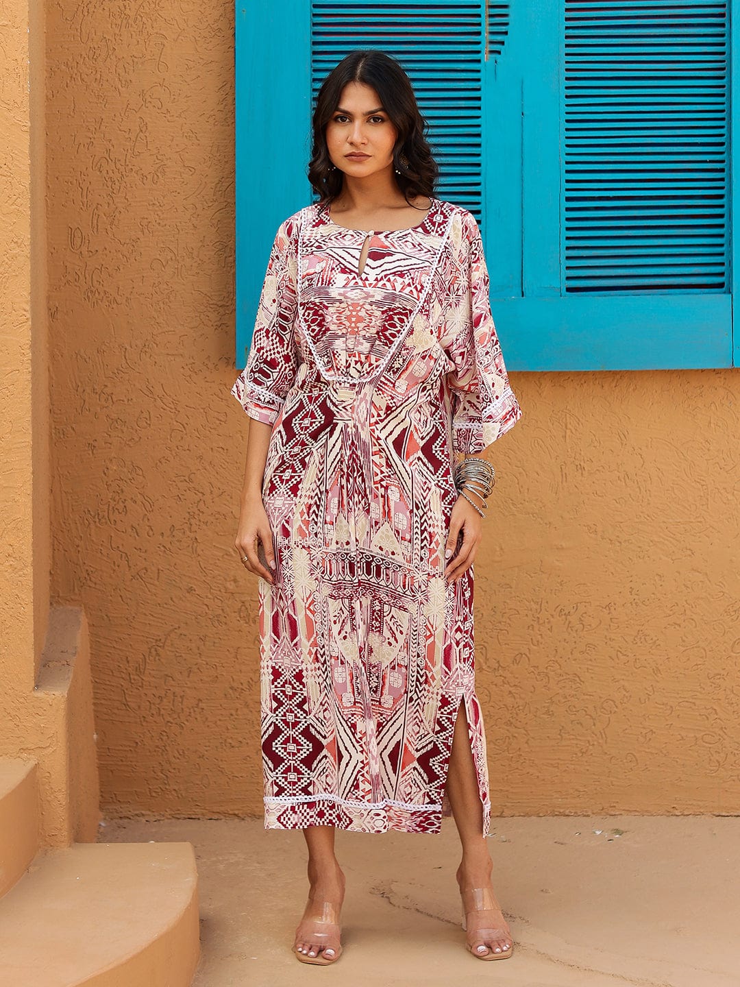 The Kaftan Company Dresses Maroon and Beige Geometric Printed Dress