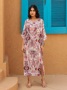 The Kaftan Company Dresses Maroon and Beige Geometric Printed Dress