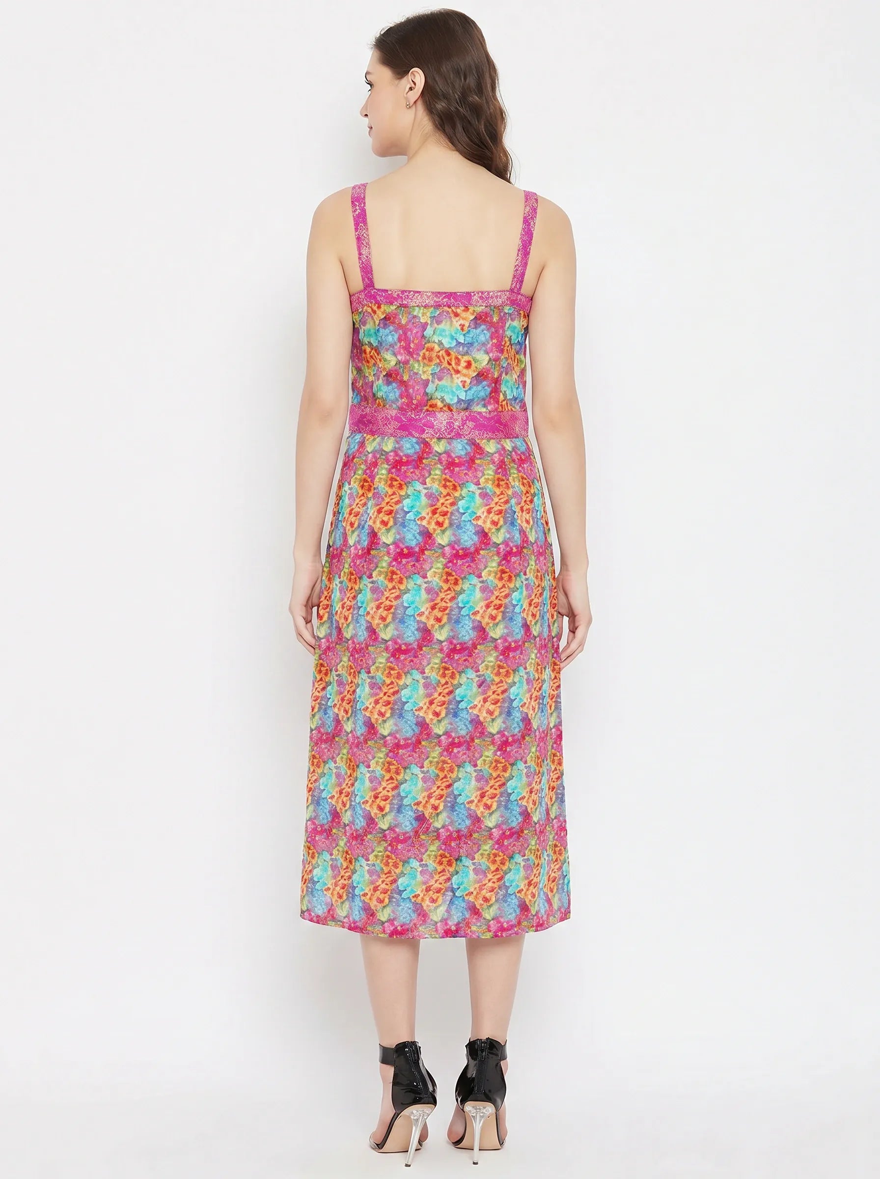 The Kaftan Company Dresses Multicolour Floral Print Crepe Midi Dress with Cutout Detail