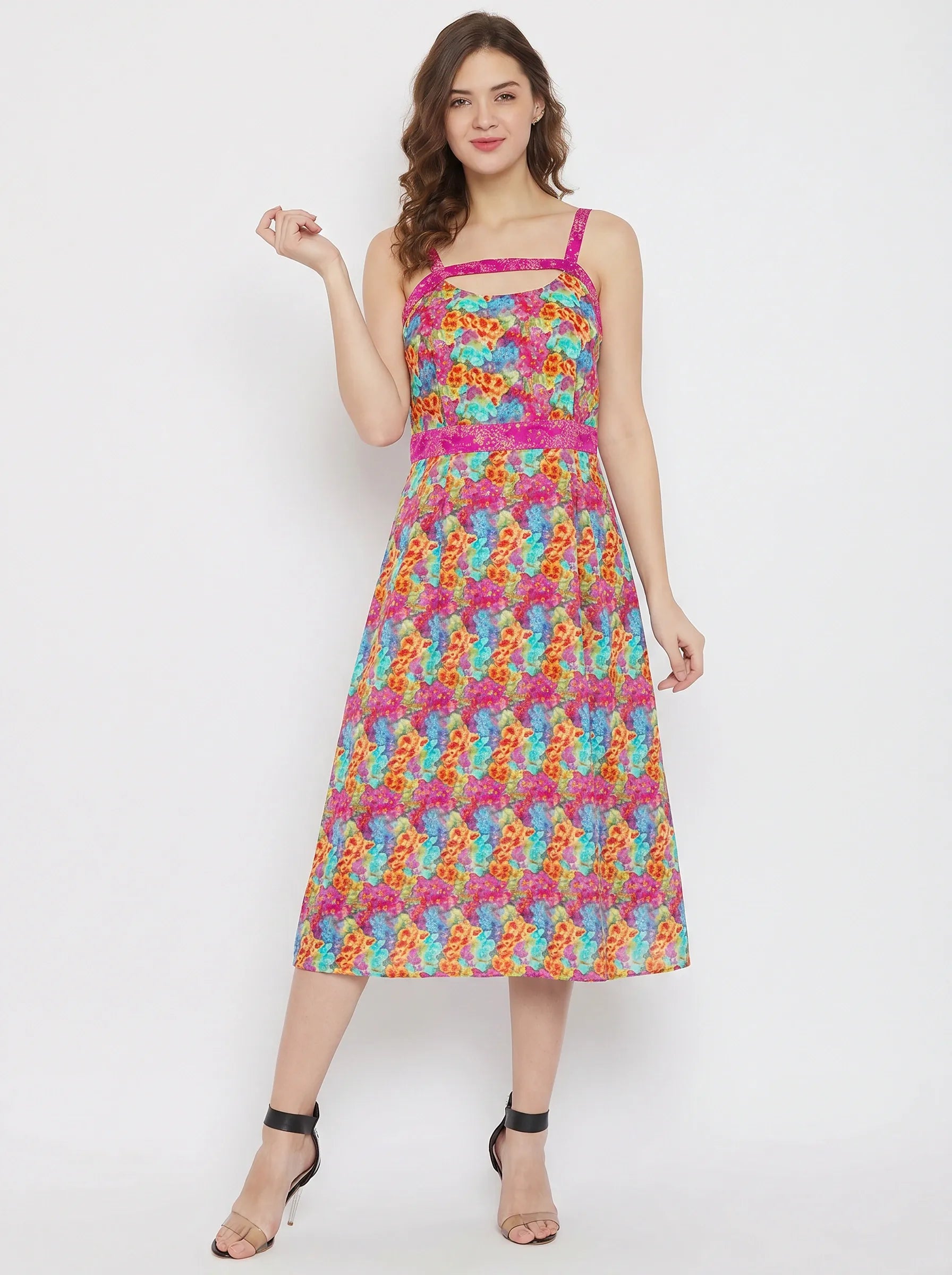 The Kaftan Company Dresses Multicolour Floral Print Crepe Midi Dress with Cutout Detail