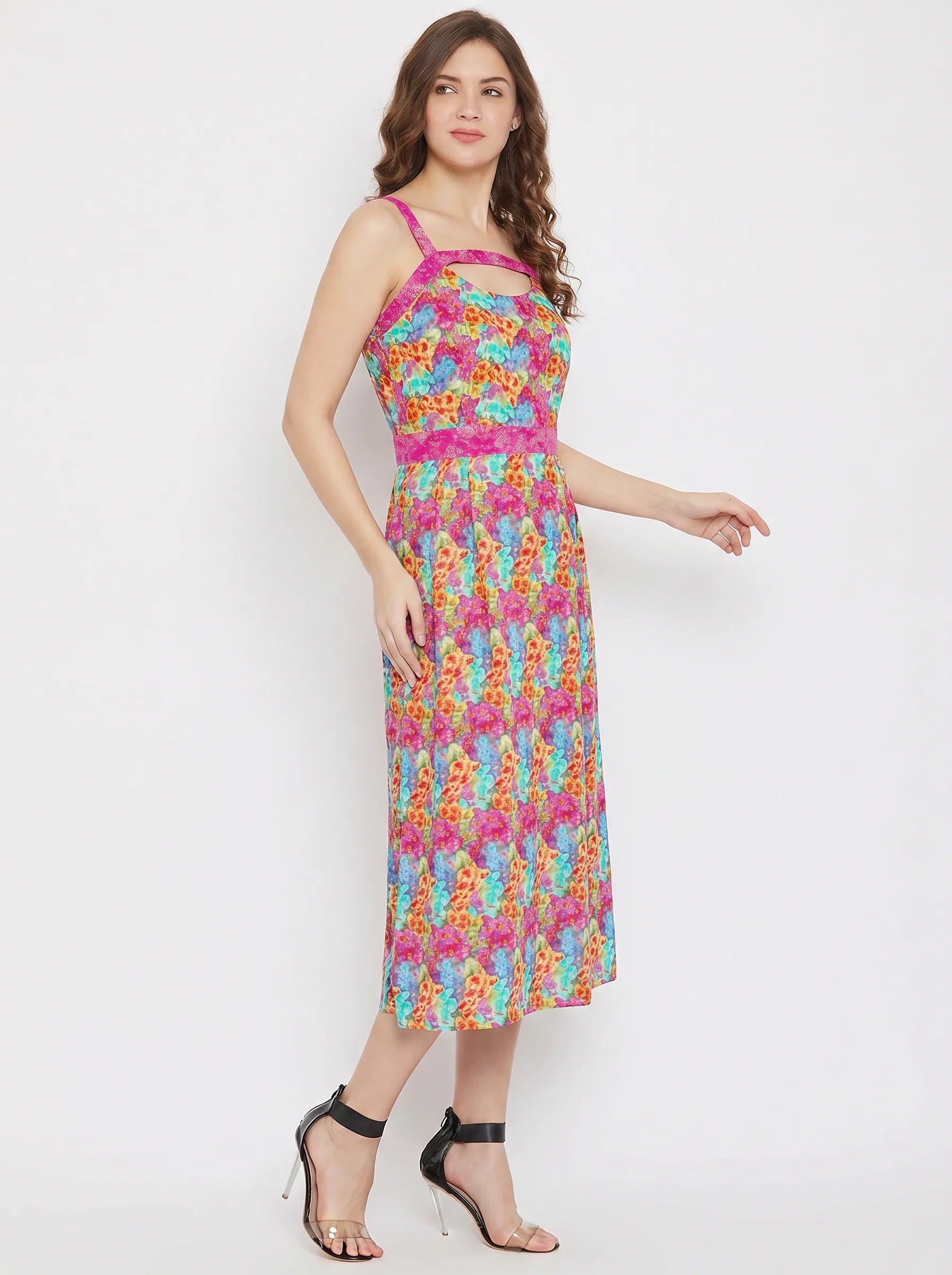 The Kaftan Company Dresses Multicolour Floral Print Crepe Midi Dress with Cutout Detail