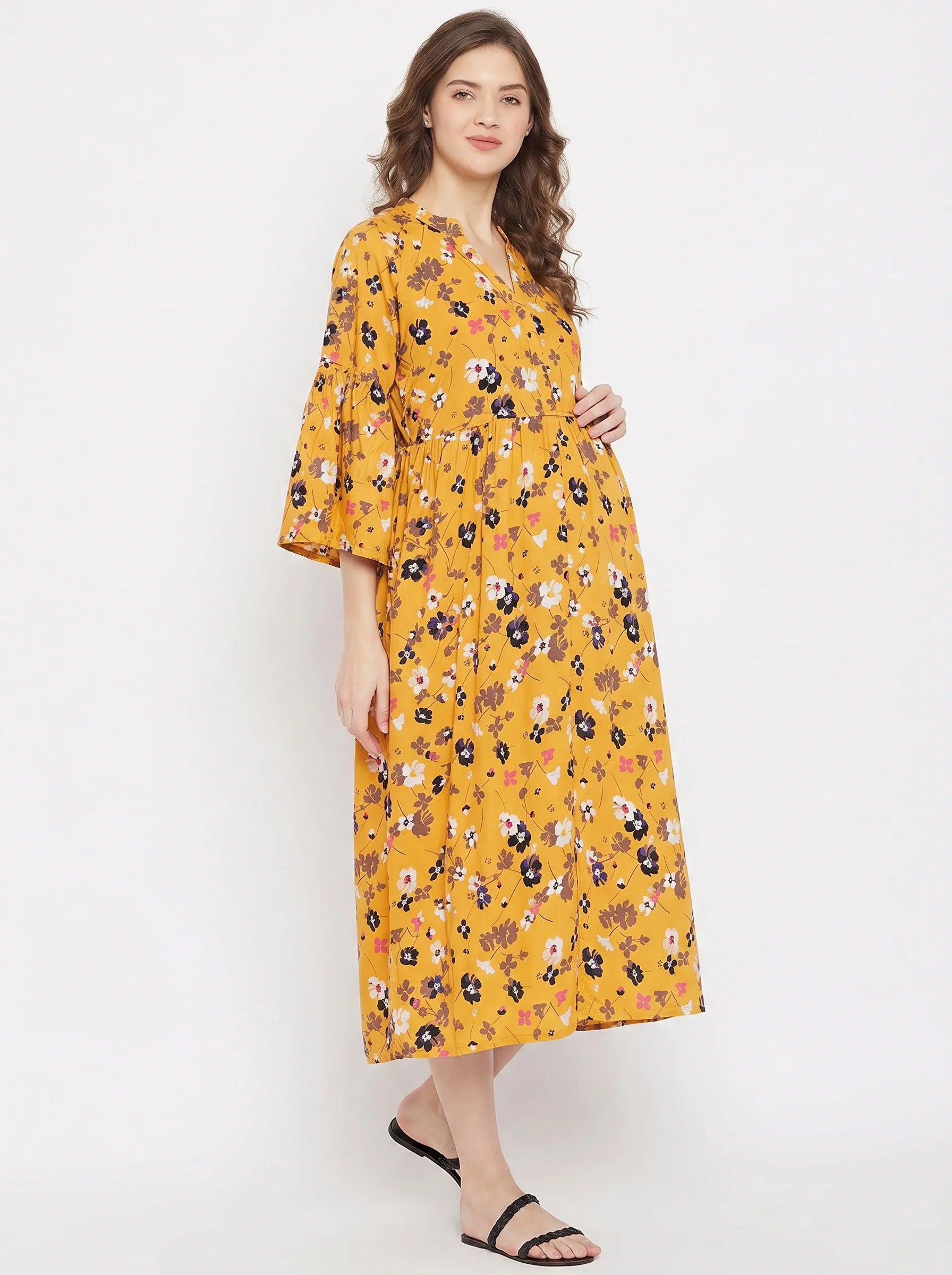 The Kaftan Company Dresses Mustard Floral Print Viscose Maternity & Nursing Midi Dress