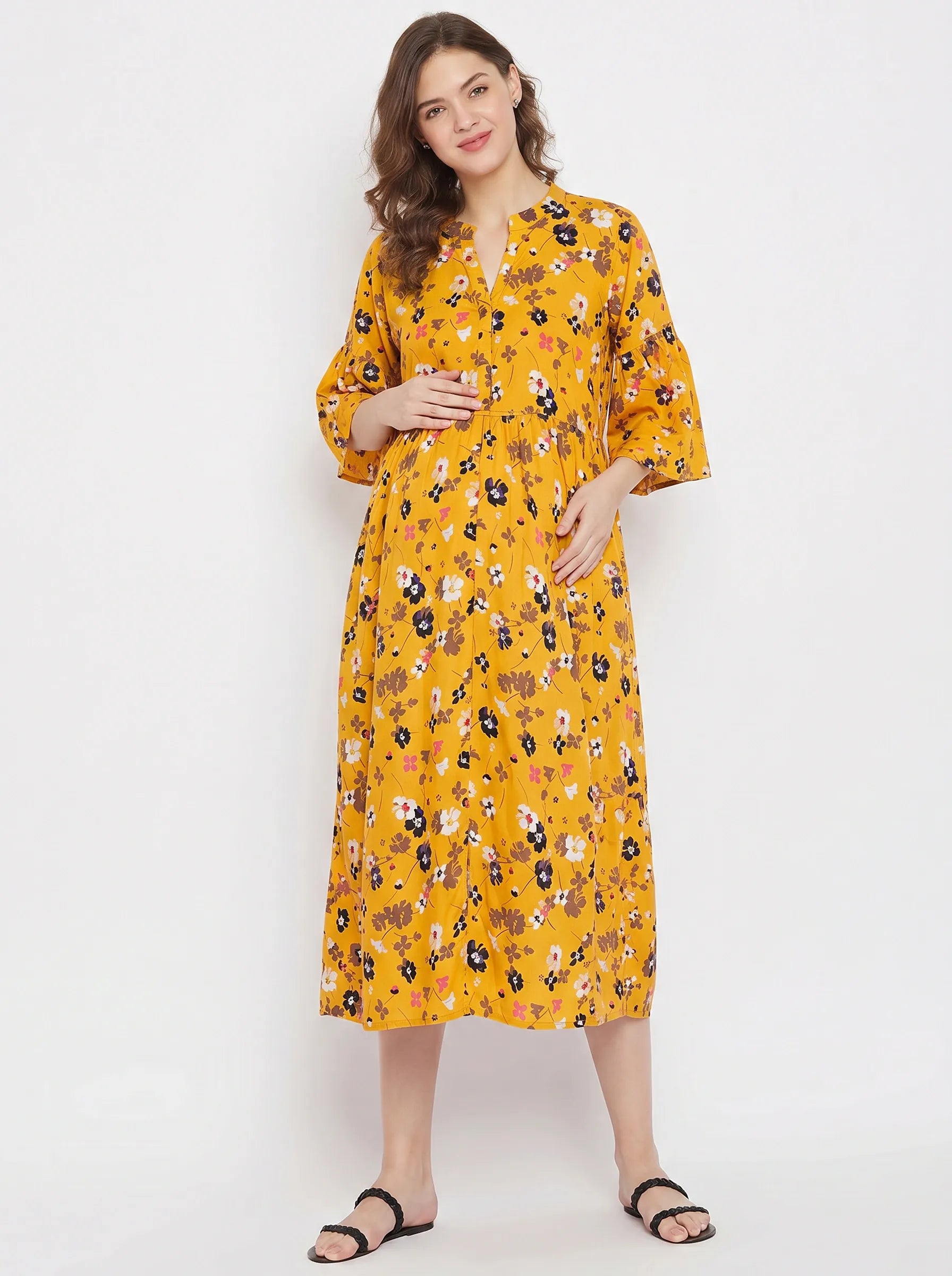 The Kaftan Company Dresses Mustard Floral Print Viscose Maternity & Nursing Midi Dress