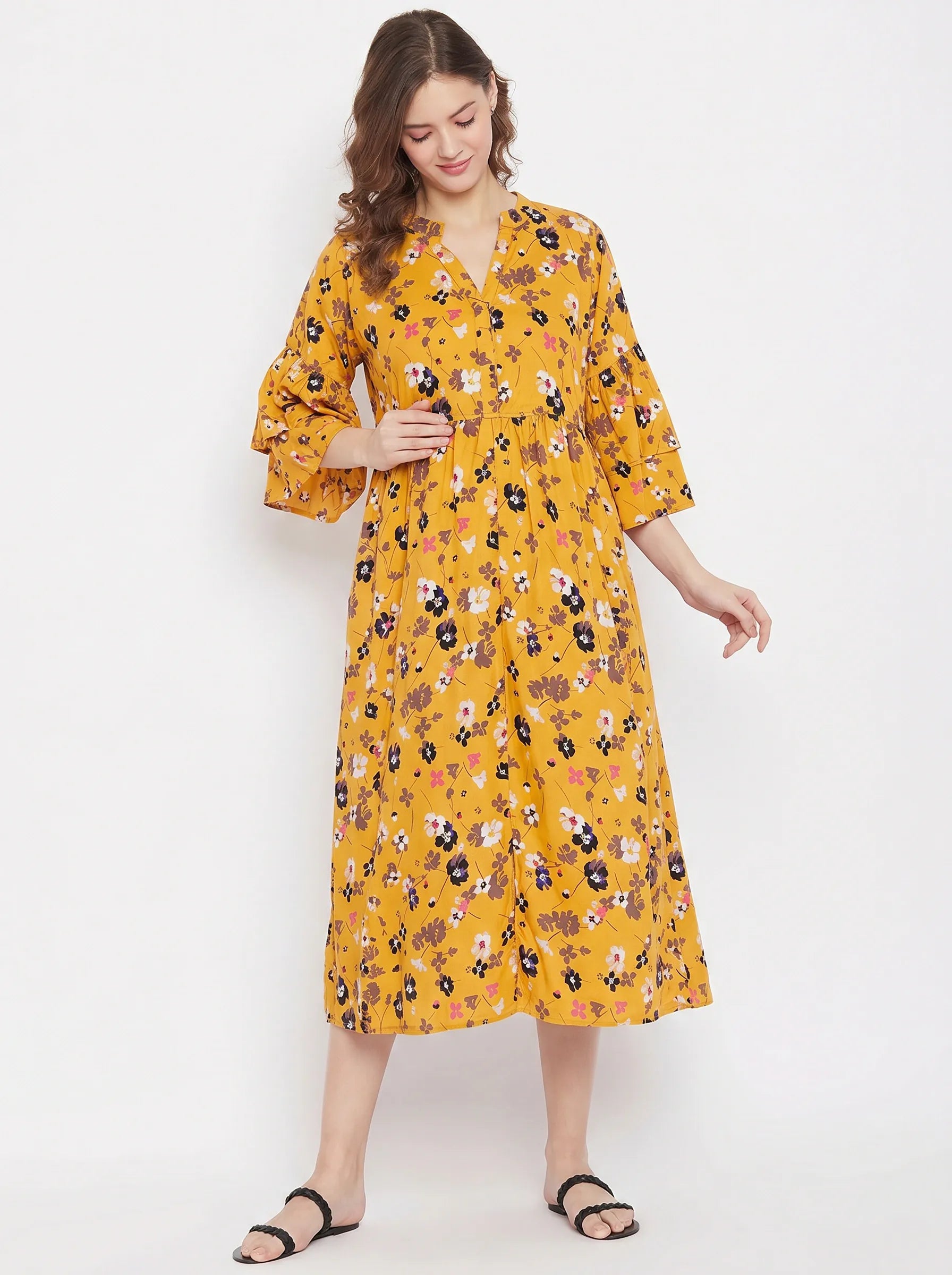 The Kaftan Company Dresses Mustard Floral Print Viscose Maternity & Nursing Midi Dress