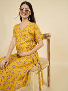The Kaftan Company Dresses Mustard Floral Viscose Rayon Maternity Dress with Tie Belt