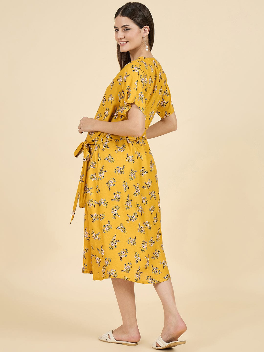 The Kaftan Company Dresses Mustard Floral Viscose Rayon Maternity Dress with Tie Belt