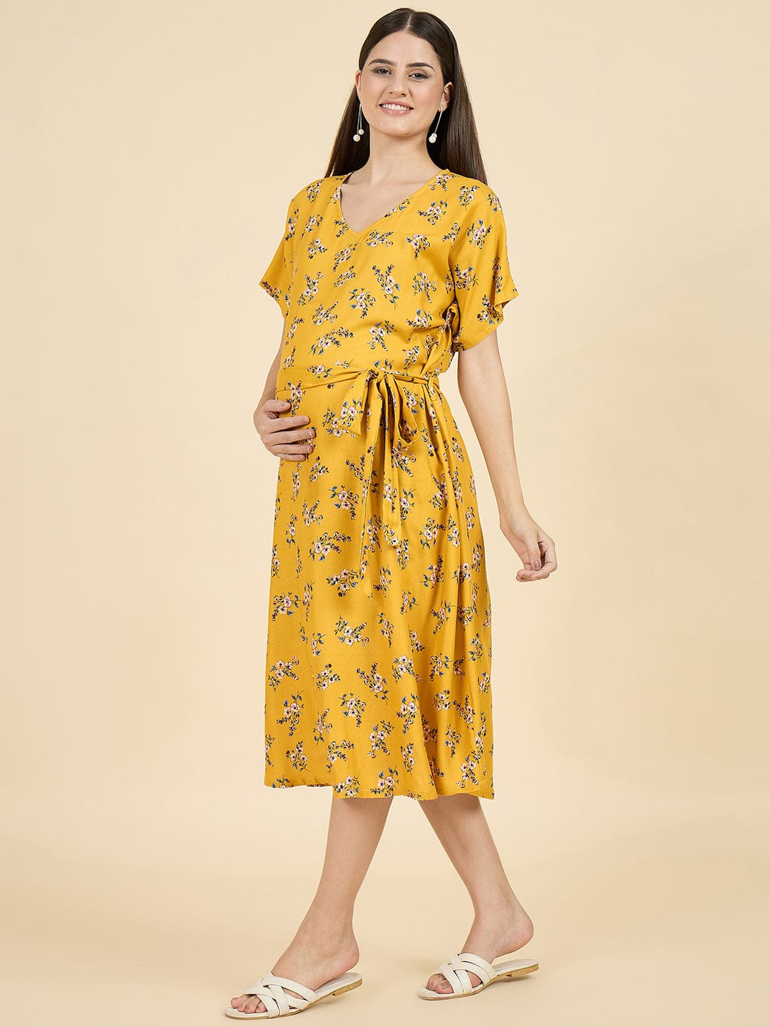 The Kaftan Company Dresses Mustard Floral Viscose Rayon Maternity Dress with Tie Belt