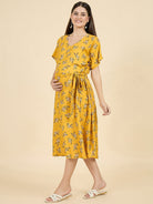 The Kaftan Company Dresses Mustard Floral Viscose Rayon Maternity Dress with Tie Belt