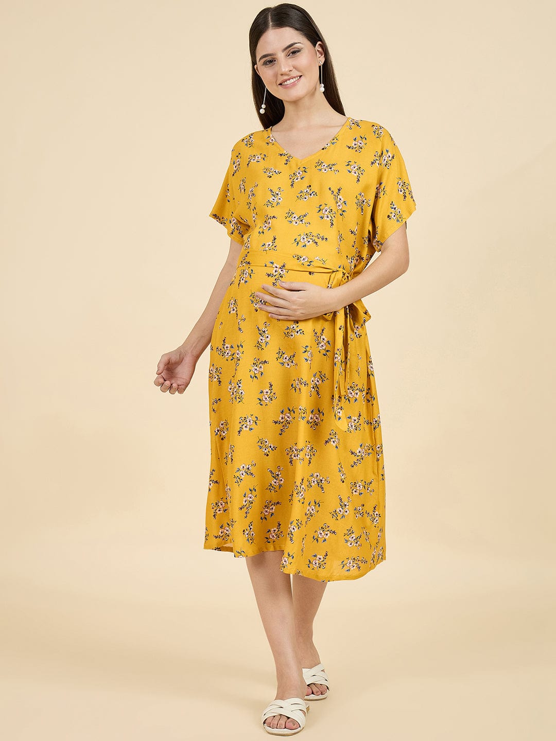 The Kaftan Company Dresses Mustard Floral Viscose Rayon Maternity Dress with Tie Belt