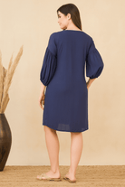 The Kaftan Company Dresses Navy Blue Short Dress with Printed Placket