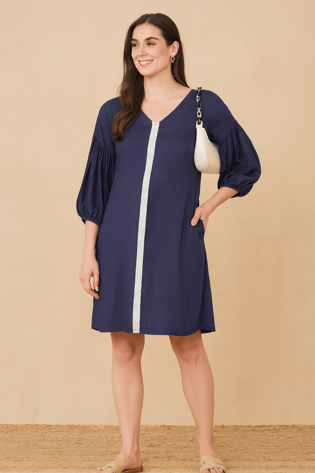The Kaftan Company Dresses Navy Blue Short Dress with Printed Placket