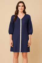 The Kaftan Company Dresses Navy Blue Short Dress with Printed Placket