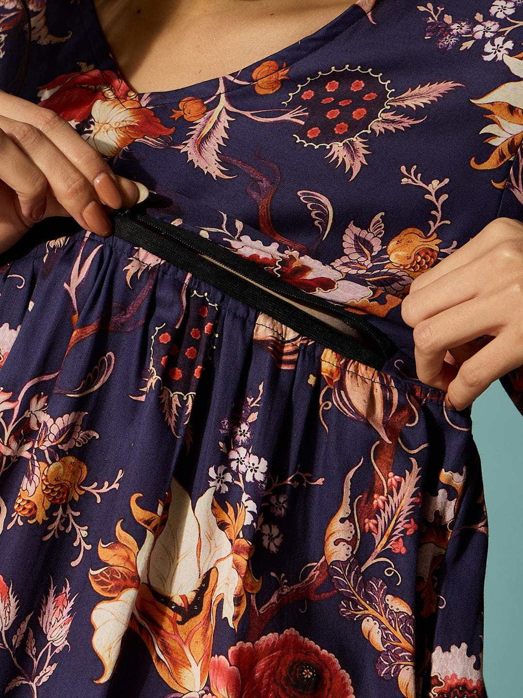 The Kaftan Company Dresses Navy Blue Vintage Floral Maternity and Feeding Kaftan Dress