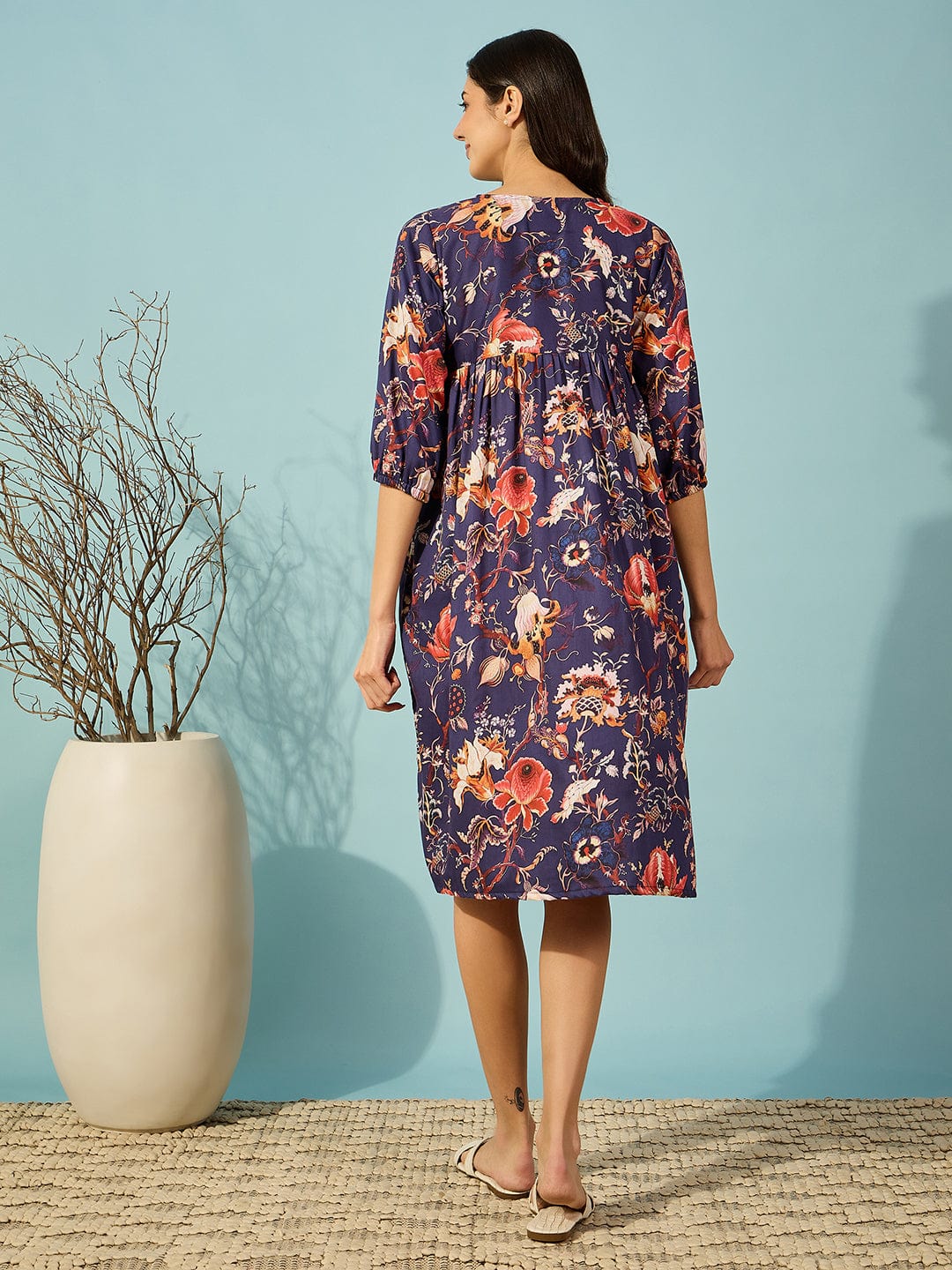 The Kaftan Company Dresses Navy Blue Vintage Floral Maternity and Feeding Kaftan Dress