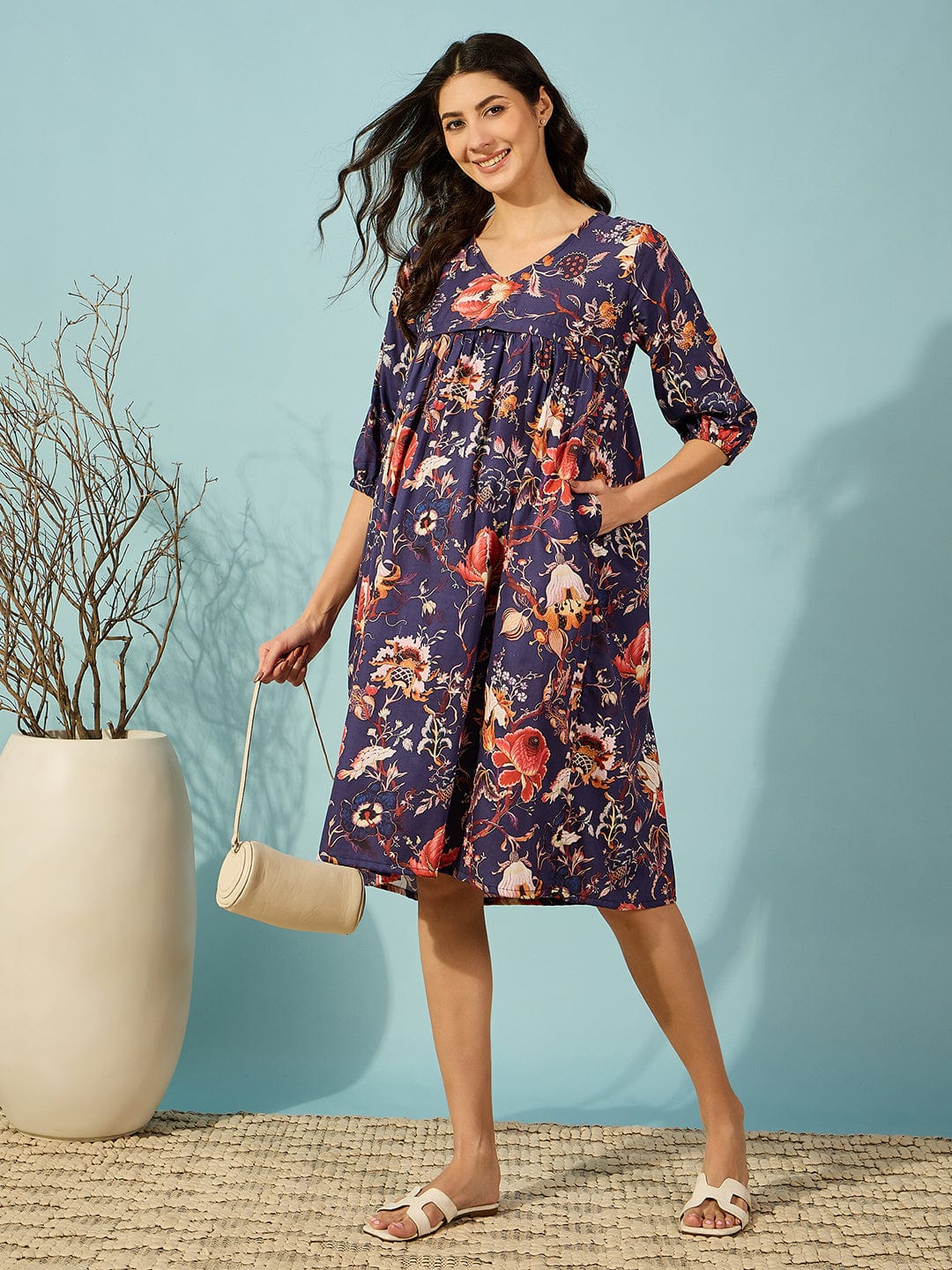 The Kaftan Company Dresses Navy Blue Vintage Floral Maternity and Feeding Kaftan Dress