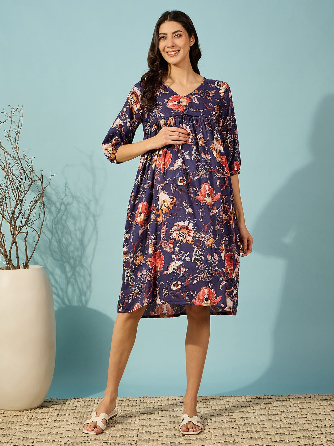 The Kaftan Company Dresses Navy Blue Vintage Floral Maternity and Feeding Kaftan Dress