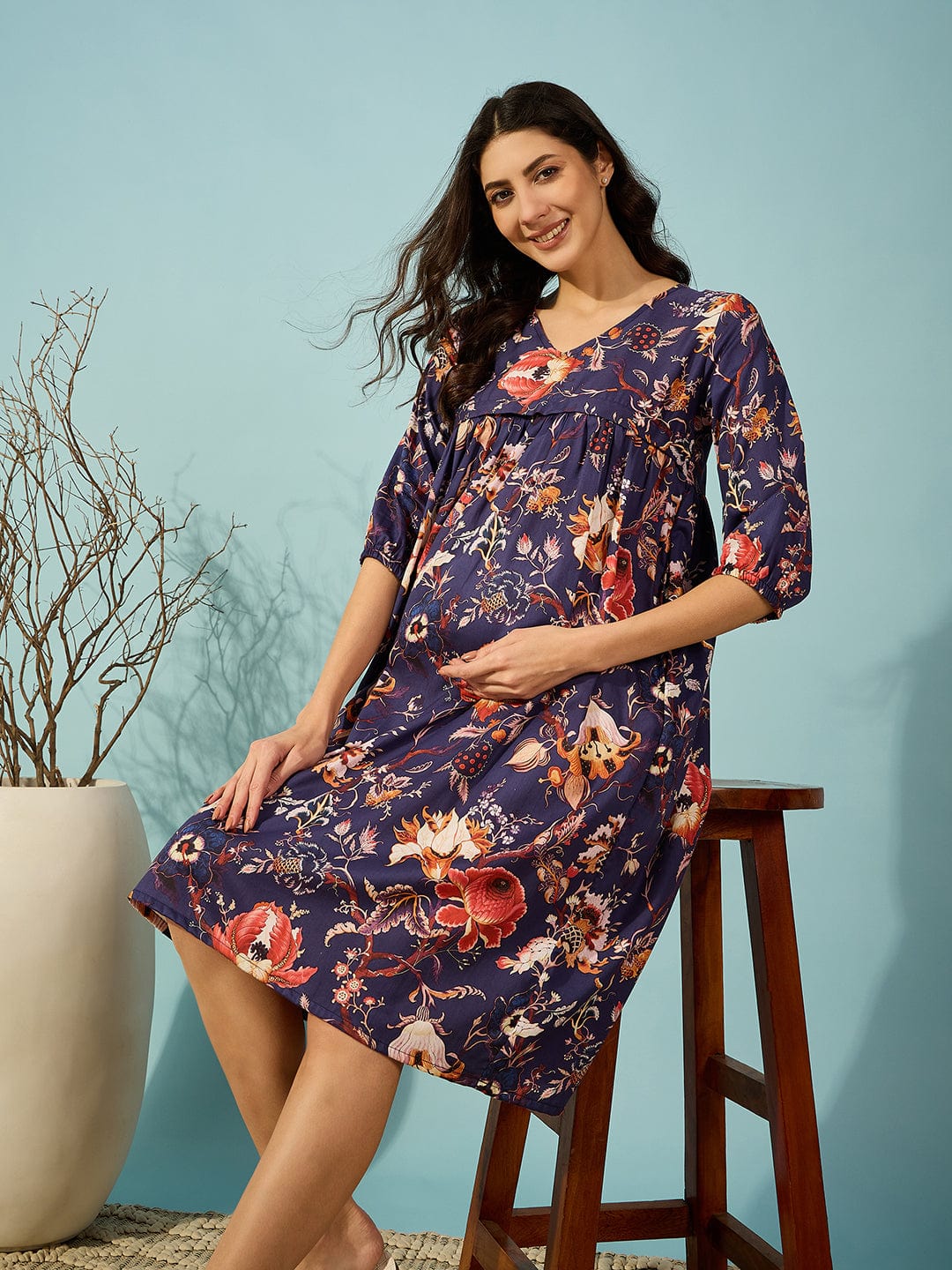 The Kaftan Company Dresses Navy Blue Vintage Floral Maternity and Feeding Kaftan Dress