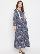 The Kaftan Company Dresses Navy Floral Print Nursing Maternity Maxi Dress with Ruffle Detail