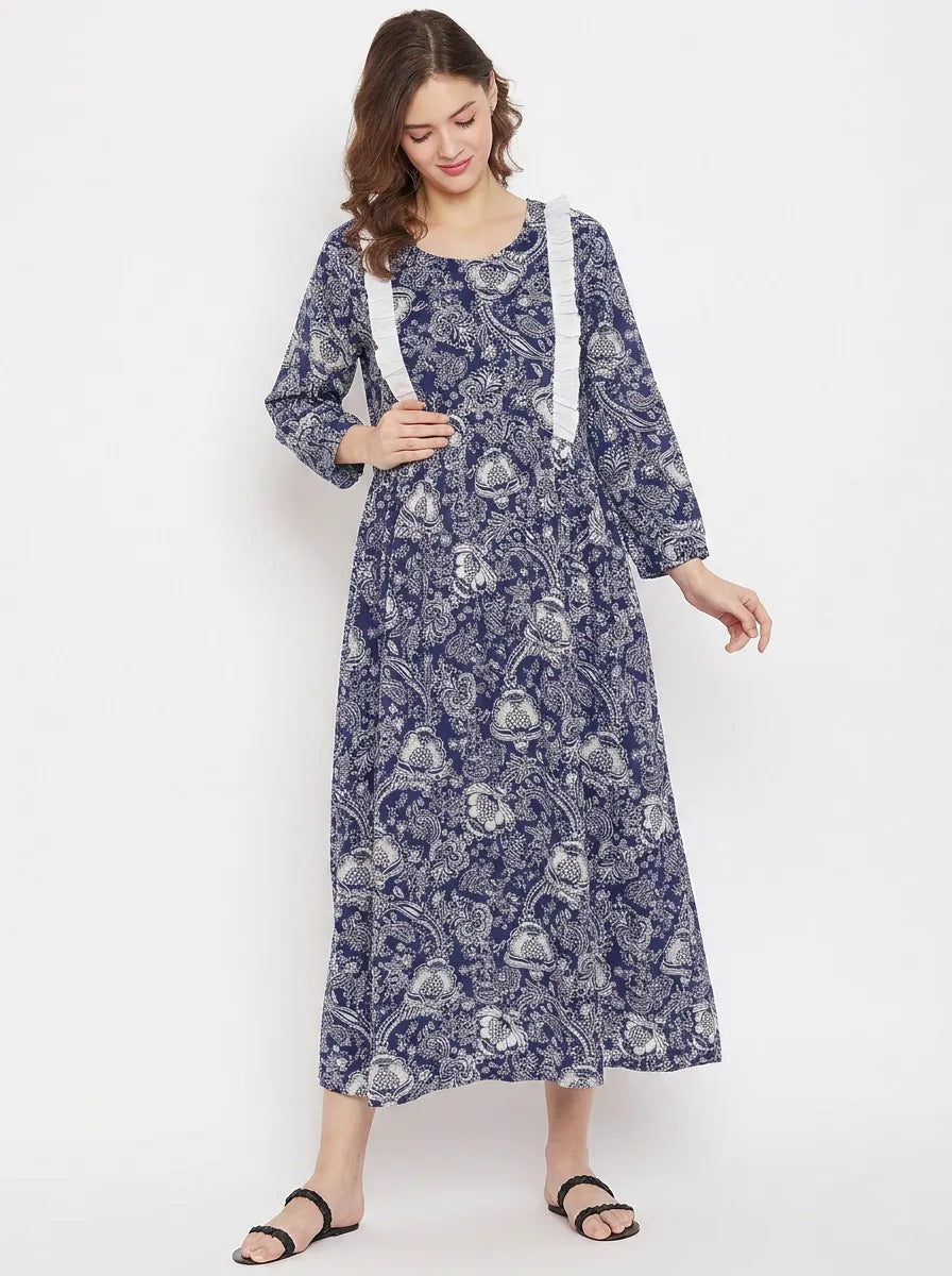 The Kaftan Company Dresses Navy Floral Print Nursing Maternity Maxi Dress with Ruffle Detail