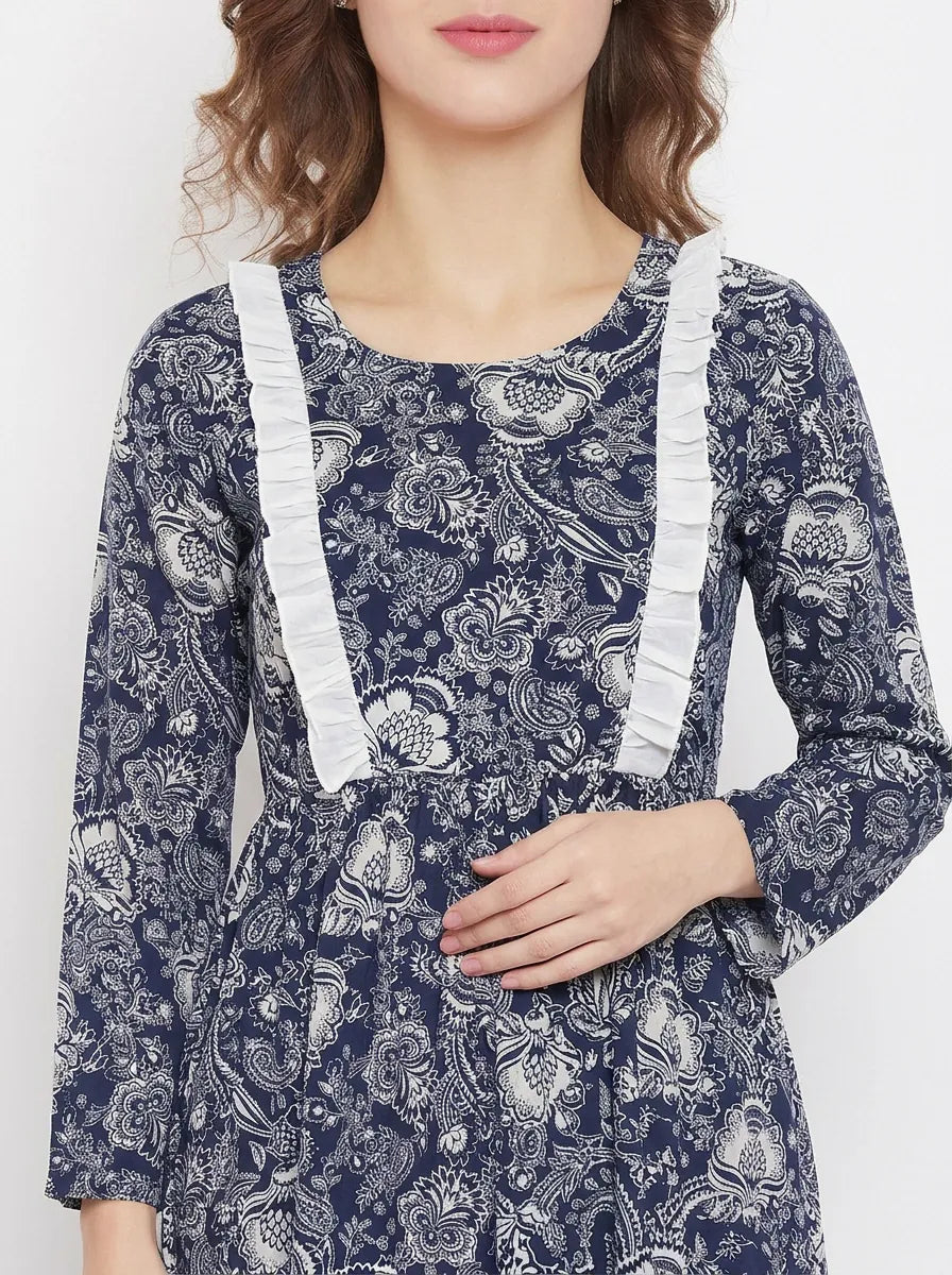 The Kaftan Company Dresses Navy Floral Print Nursing Maternity Maxi Dress with Ruffle Detail