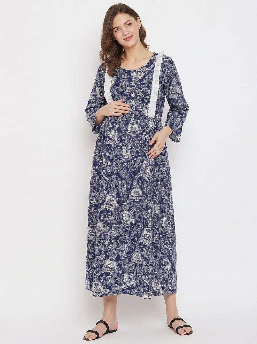 The Kaftan Company Dresses Navy Floral Print Nursing Maternity Maxi Dress with Ruffle Detail