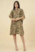 The Kaftan Company Dresses Olive Floral Printed Satin Kaftan Dress