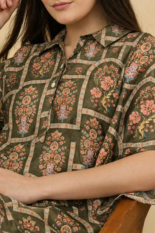 The Kaftan Company Dresses Olive Floral Printed Satin Kaftan Dress