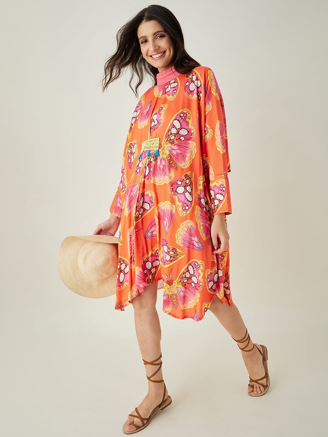 The Kaftan Company Dresses OneSize Coral Flutter Printed Free size Kaftan