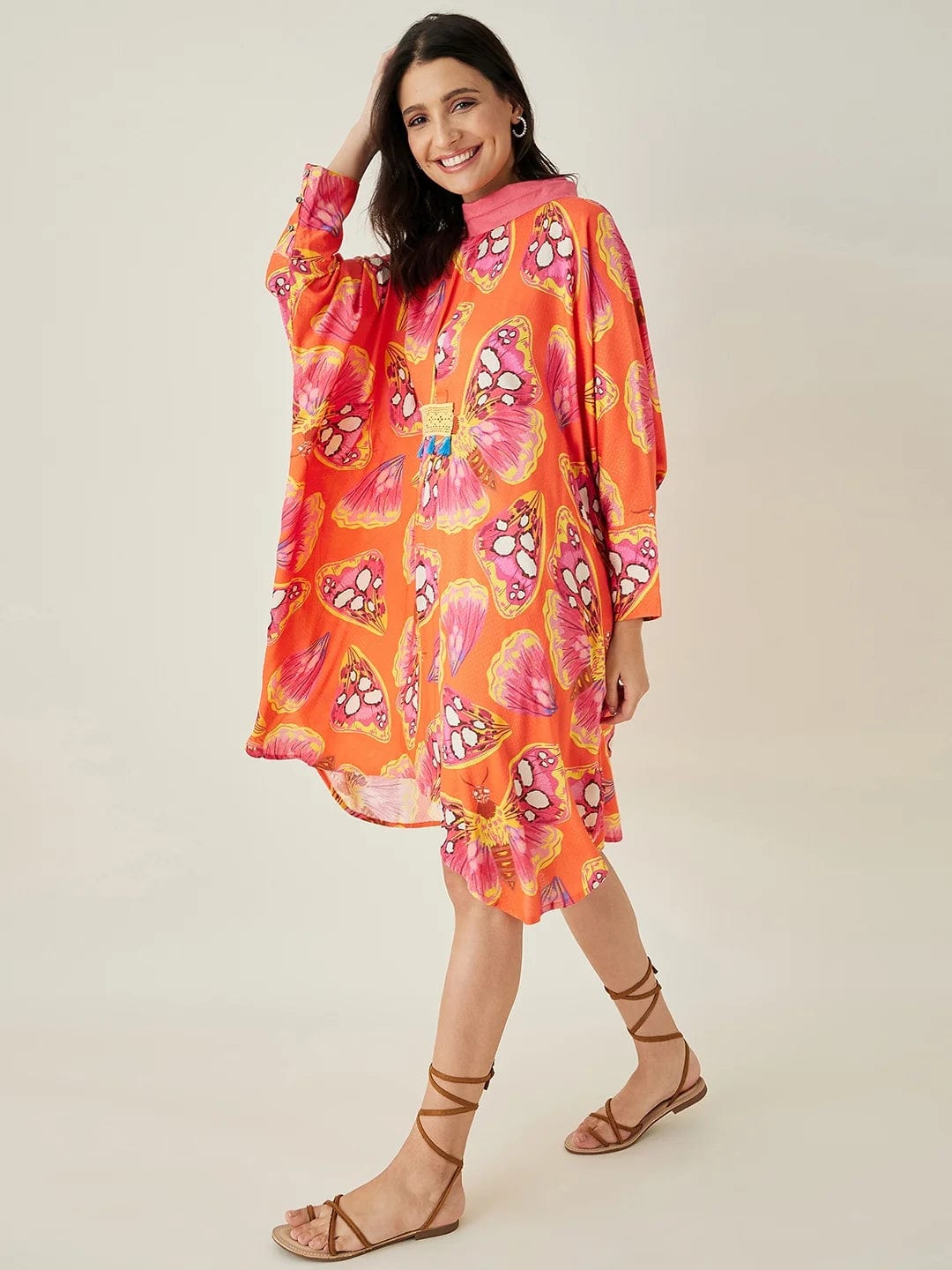 The Kaftan Company Dresses OneSize Coral Flutter Printed Free size Kaftan (Final Sale)