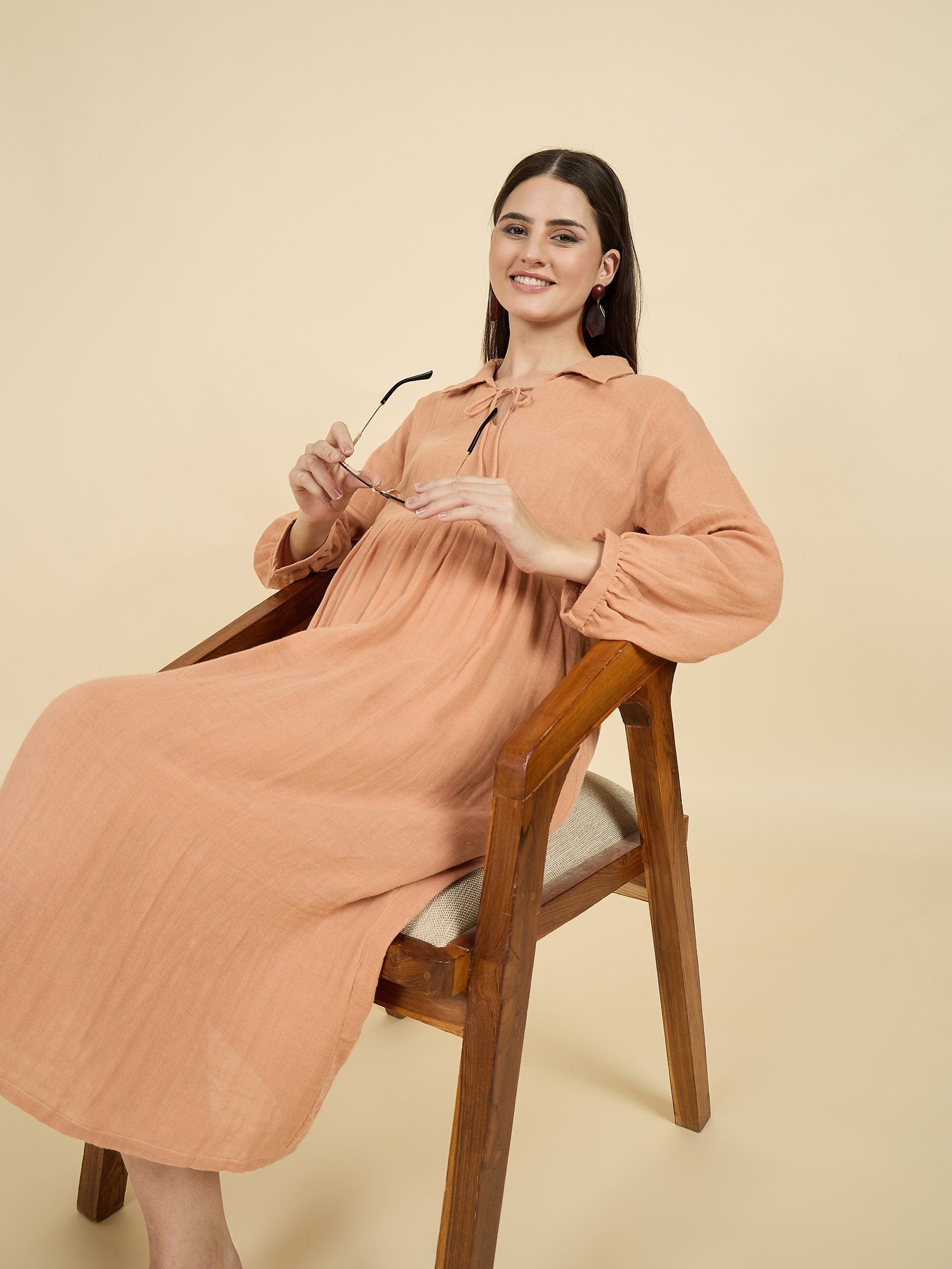 Buy Peach Cotton Maternity Dress with Tie-Up Collar | The Kaftan Company 2XL Buy Peach Cotton Maternity Dress with Tie-Up Collar | The Kaftan Company 2XL