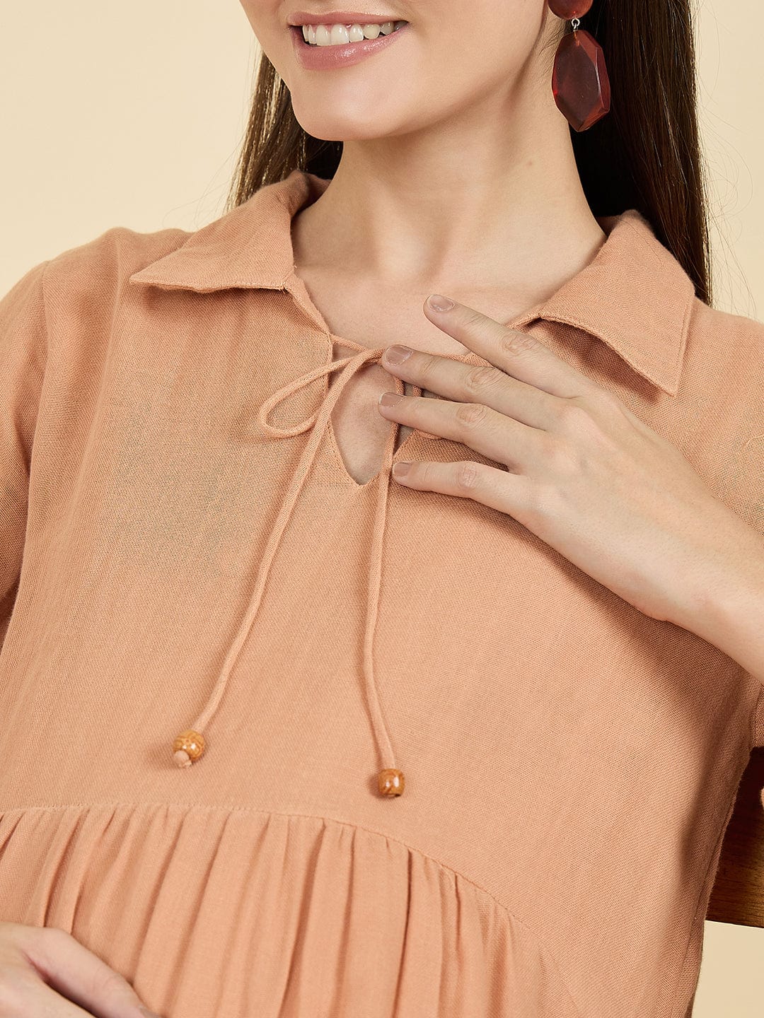 The Kaftan Company Dresses Peach Cotton Maternity Dress with Tie-Up Collar