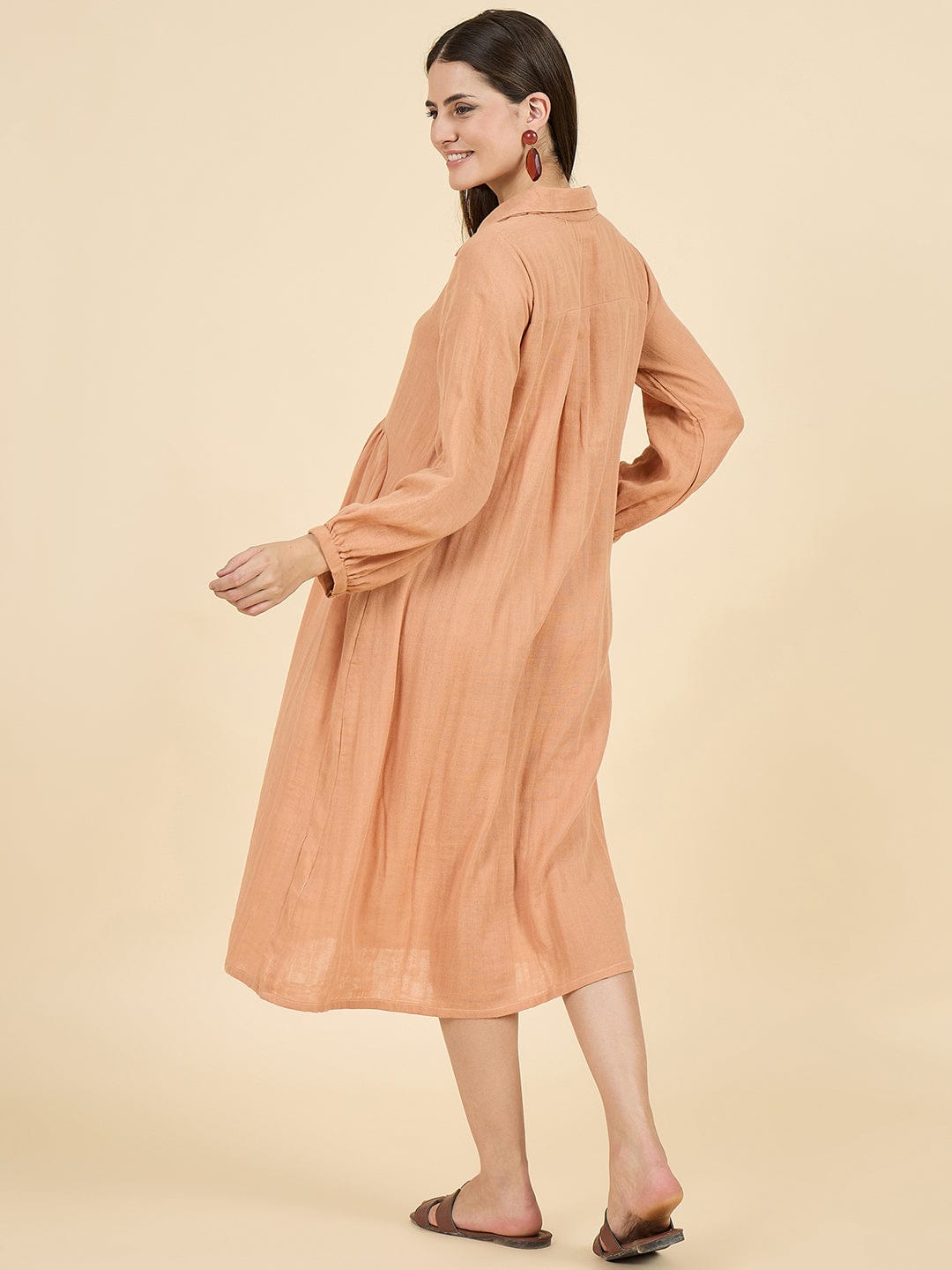 The Kaftan Company Dresses Peach Cotton Maternity Dress with Tie-Up Collar