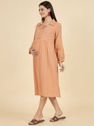 The Kaftan Company Dresses Peach Cotton Maternity Dress with Tie-Up Collar