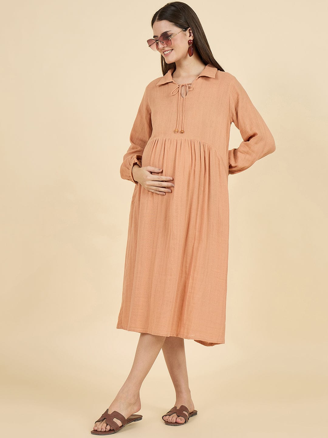 The Kaftan Company Dresses Peach Cotton Maternity Dress with Tie-Up Collar