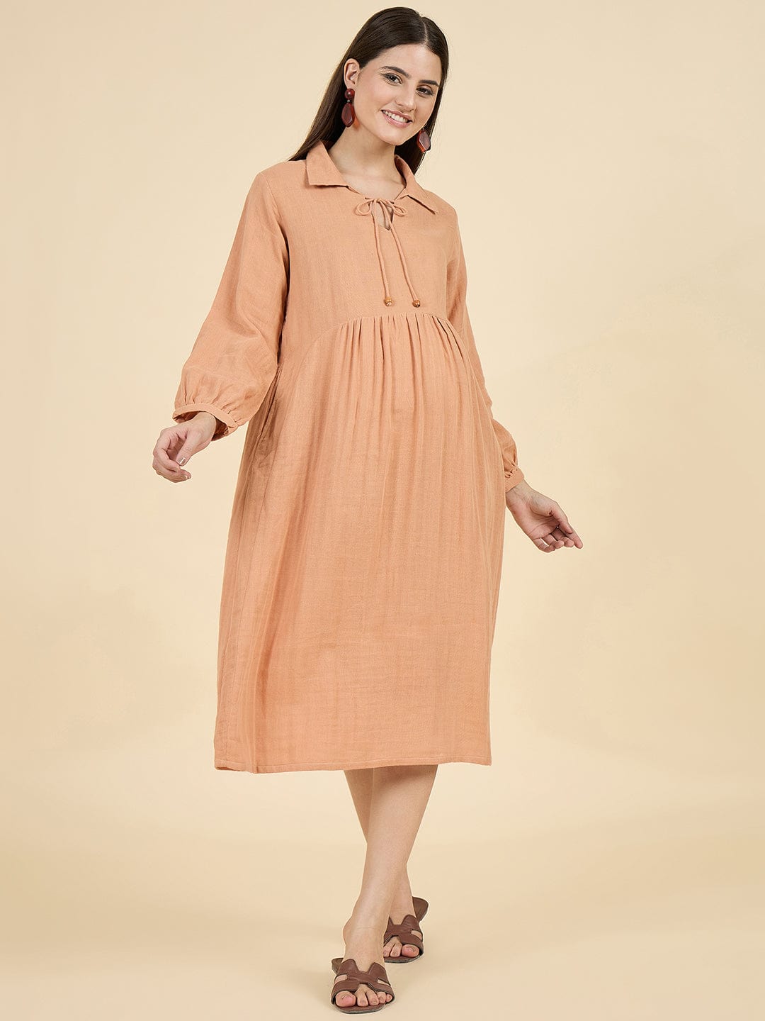 cotton maternity dresses Buy Peach Cotton Maternity Dress with Tie-Up Collar